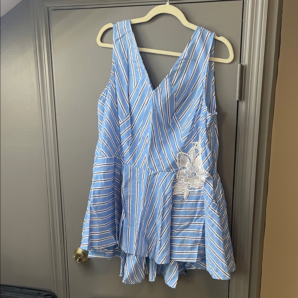 Lane Bryant Blue and White Striped V-Neck Peplum Tunic with Lace Applique